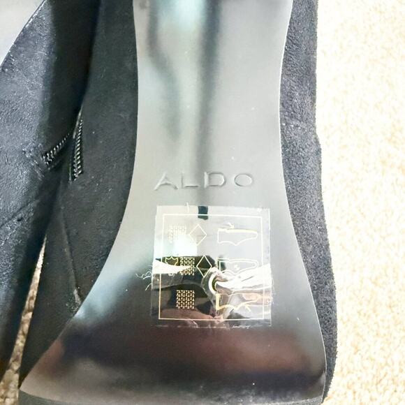 Aldo Black Faux Suede Thigh High Stiletto Boots Women's 9 Side Zip Pointy Toe - Picture 7 of 10